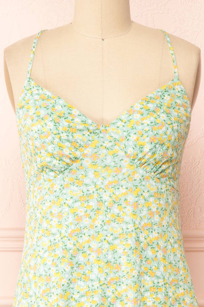 Navlin Green Floral V-Neck Short Dress| Boutique 1861 front close-up