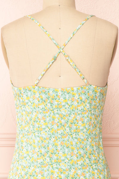 Navlin Green Floral V-Neck Short Dress| Boutique 1861 back close-up