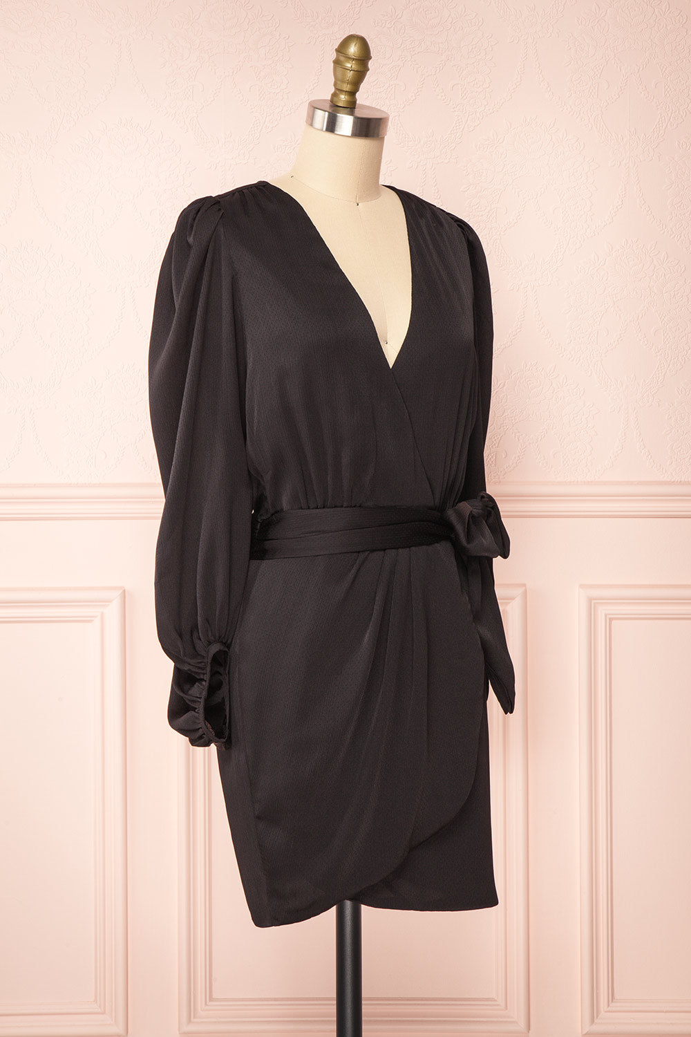 Nelly Black Long Puff-Sleeve Wrap Dress | La petite garçonne side view 