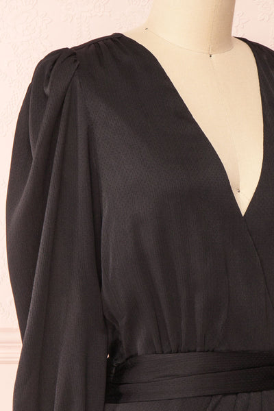 Nelly Black Long Puff-Sleeve Wrap Dress | La petite garçonne side close-up