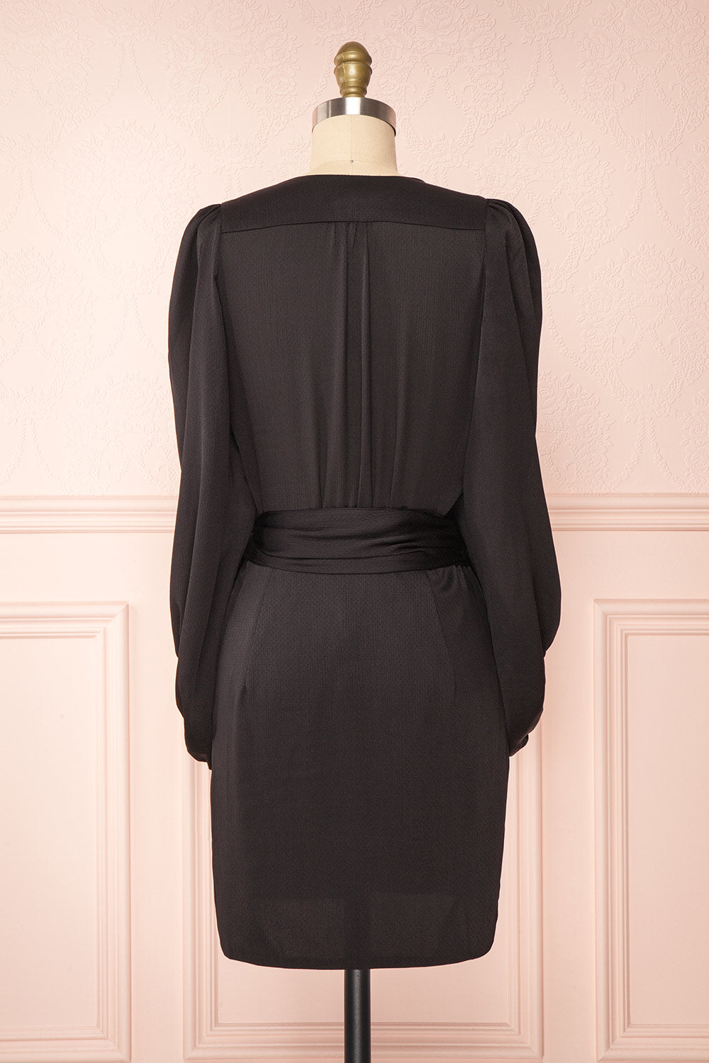 Nelly Black Long Puff-Sleeve Wrap Dress | La petite garçonne back view 