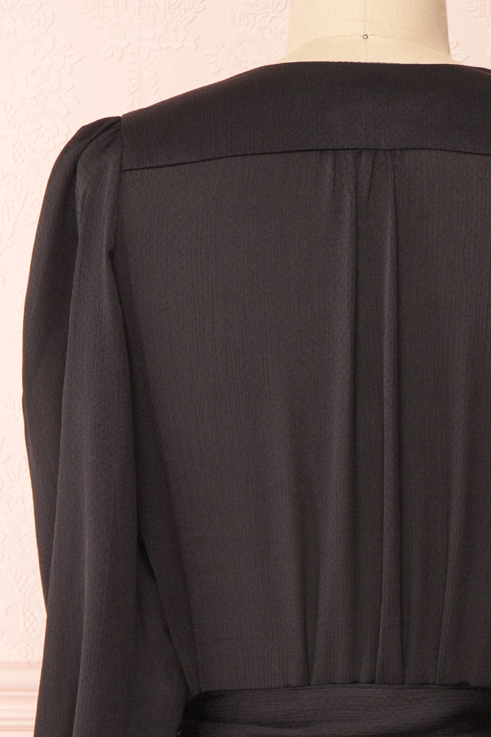 Nelly Black Long Puff-Sleeve Wrap Dress | La petite garçonne back close-up