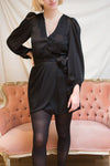 Nelly Black Long Puff-Sleeve Wrap Dress | Boutique 1861 model