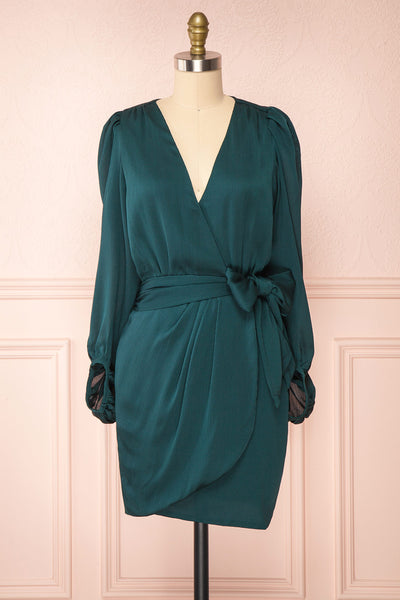 Nelly Green Long Puff-Sleeve Wrap Dress | Boutique 1861 front view
