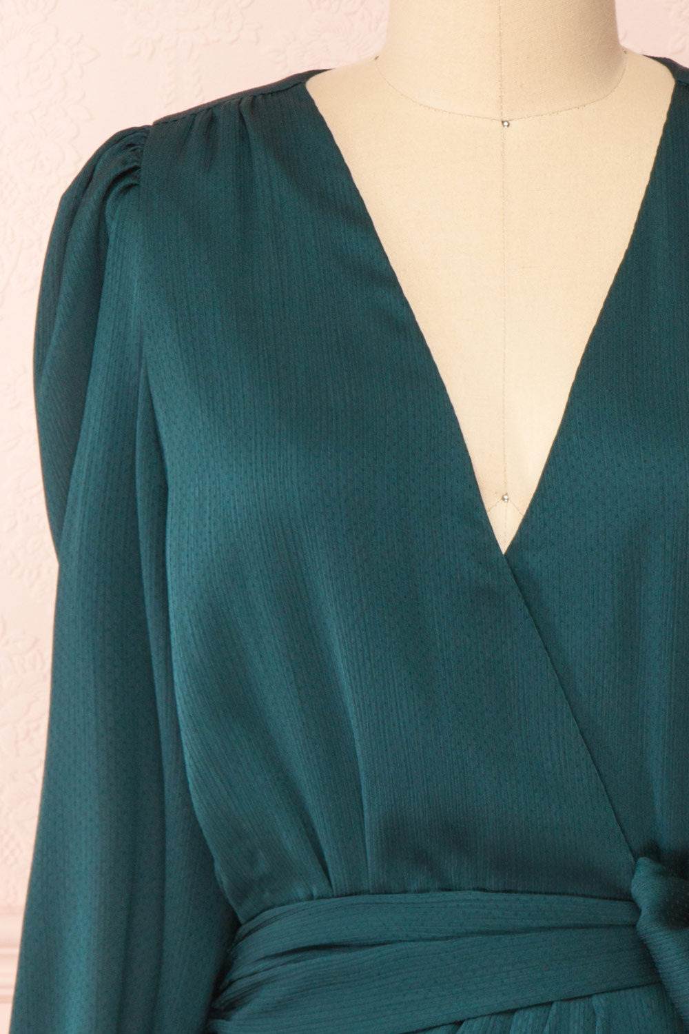 Nelly Green Long Puff-Sleeve Wrap Dress | Boutique 1861 front close-up