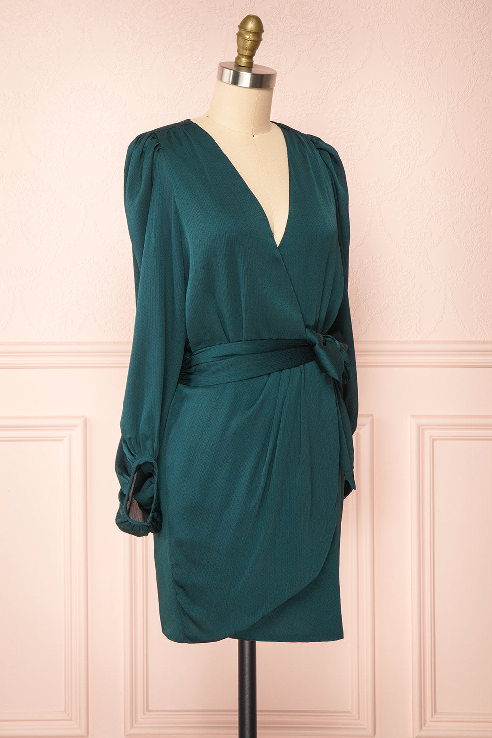 Nelly Green Long Puff-Sleeve Wrap Dress | Boutique 1861 side view 