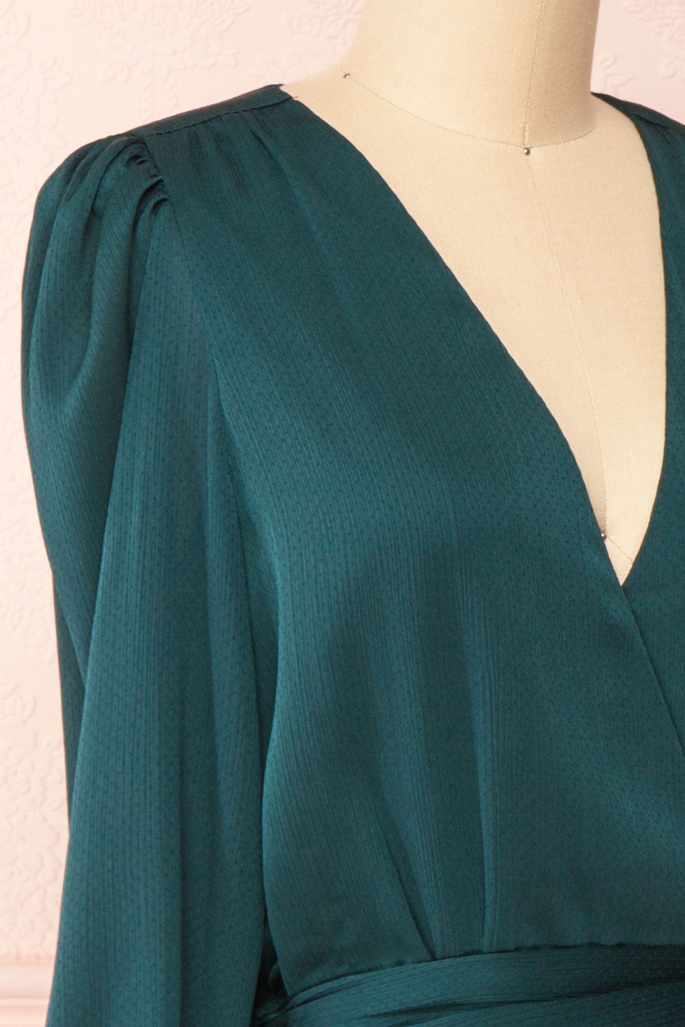 Nelly Green Long Puff-Sleeve Wrap Dress | Boutique 1861 side close-up