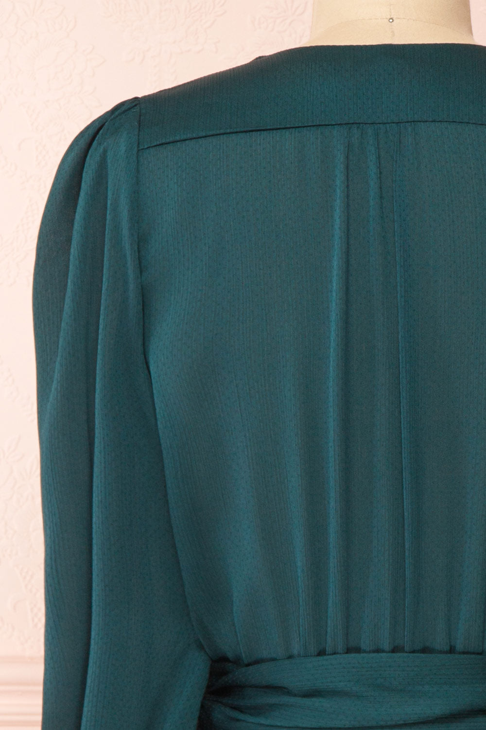 Nelly Green Long Puff-Sleeve Wrap Dress | Boutique 1861 back close-up
