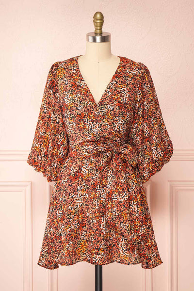 Nephale | Short Floral Wrap Dress with Puffy Sleeves front view