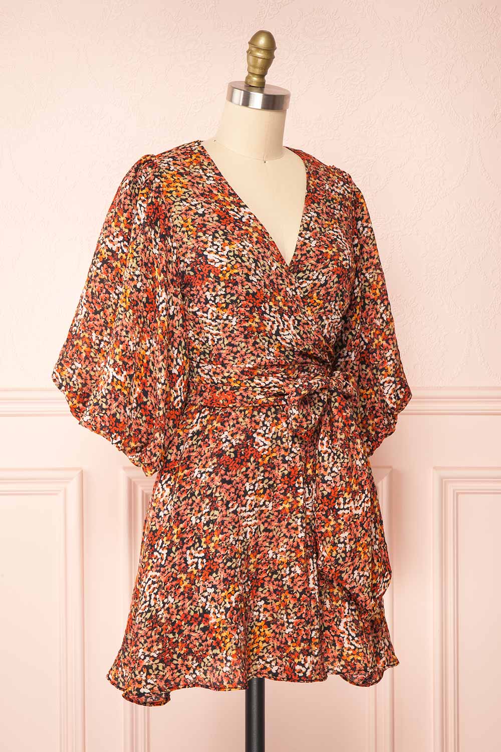 Nephale | Short Floral Wrap Dress with Puffy Sleeves side view