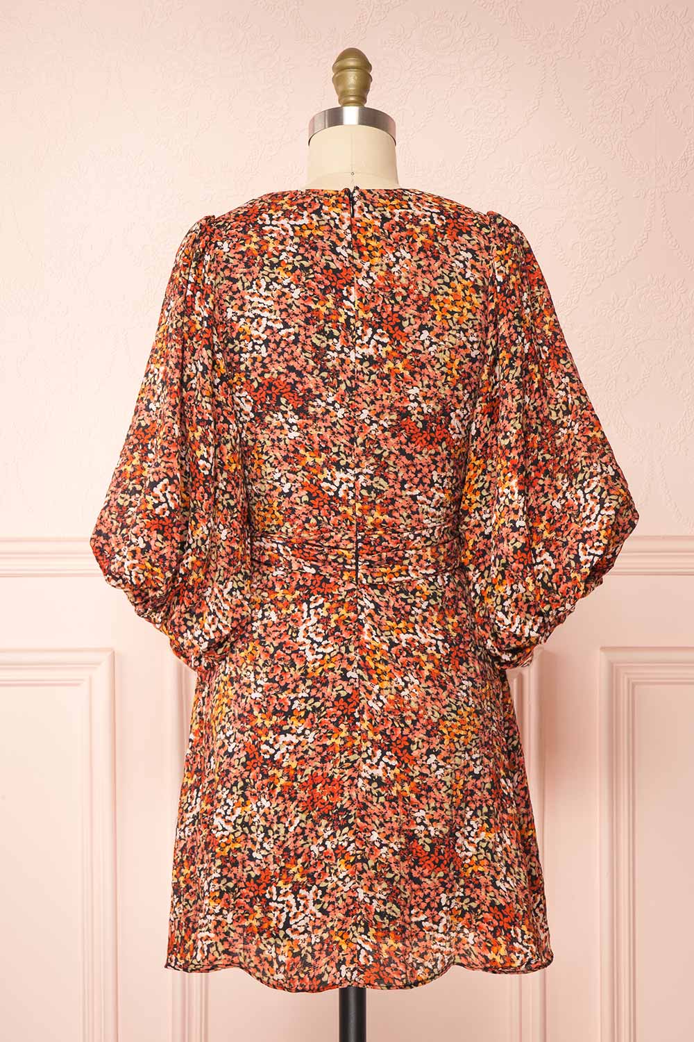 Nephale | Short Floral Wrap Dress with Puffy Sleeves back view