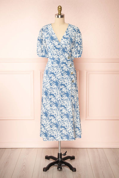 Neroli Blue Floral Midi Buttoned Wrap Dress | Boutique 1861 front view