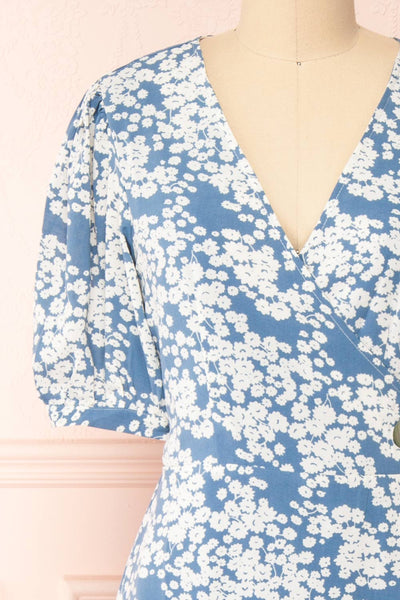 Neroli Blue Floral Midi Buttoned Wrap Dress | Boutique 1861 front close-up