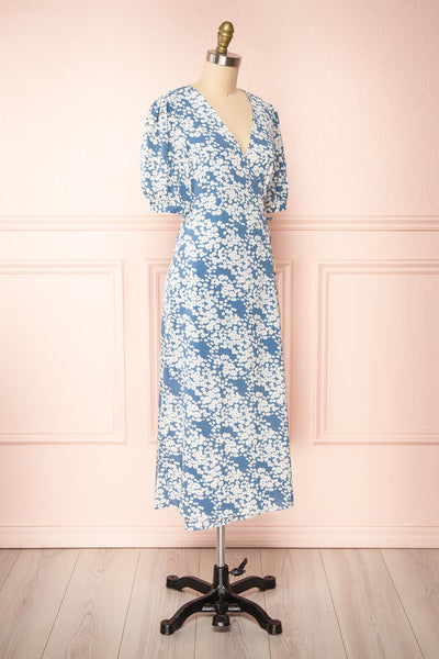 Neroli Blue Floral Midi Buttoned Wrap Dress | Boutique 1861 side view