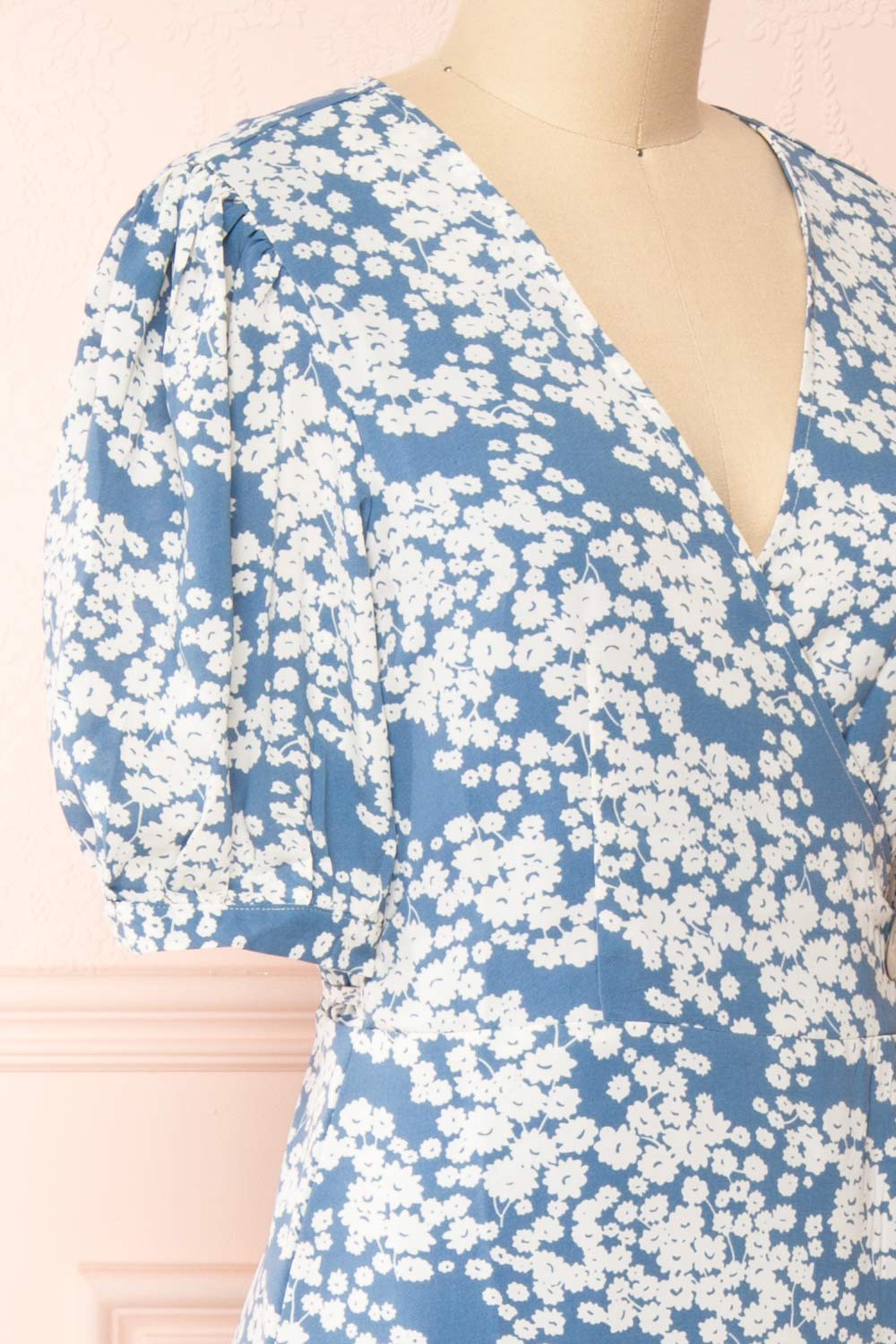 Neroli Blue Floral Midi Buttoned Wrap Dress | Boutique 1861 side close-up