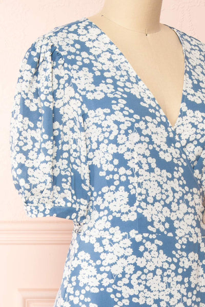 Neroli Blue Floral Midi Buttoned Wrap Dress | Boutique 1861 side close-up