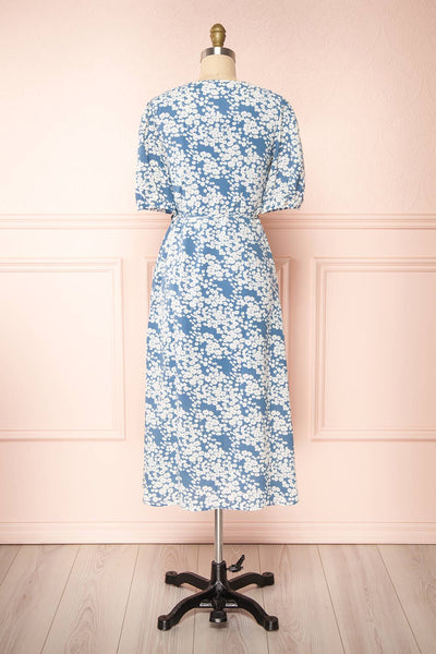 Neroli Blue Floral Midi Buttoned Wrap Dress | Boutique 1861 back view