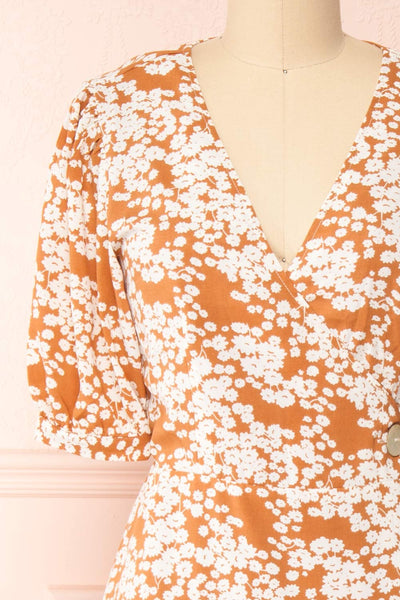 Neroli Rust Floral Midi Buttoned Wrap Dress | Boutique 1861 front close-up
