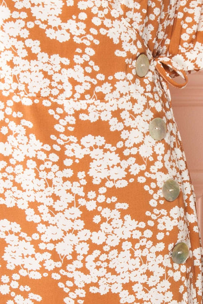 Neroli Rust Floral Midi Buttoned Wrap Dress | Boutique 1861 fabric