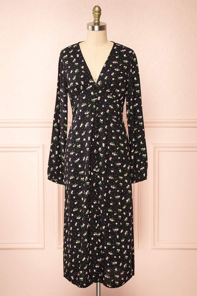 Netra Black Long Sleeve Floral Midi Dress | Boutique 1861 front view