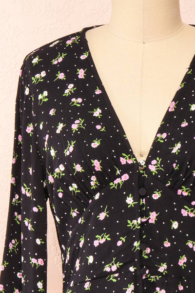 Netra Black Long Sleeve Floral Midi Dress | Boutique 1861 front close-up