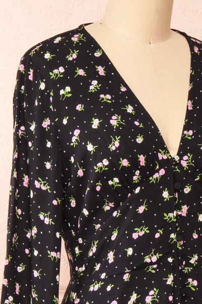 Netra Black Long Sleeve Floral Midi Dress | Boutique 1861 side close-up