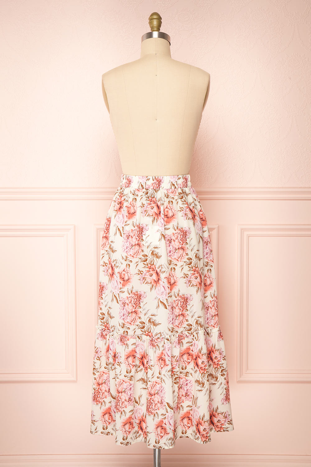 Nezira Beige Floral Print Midi Skirt w/ Ruffles | Boutique 1861 back view 