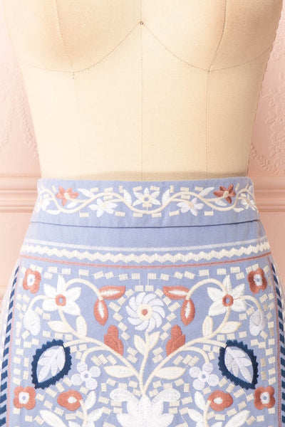 Nicko Blue Embroidered Skirt | Boutique 1861 front close-up