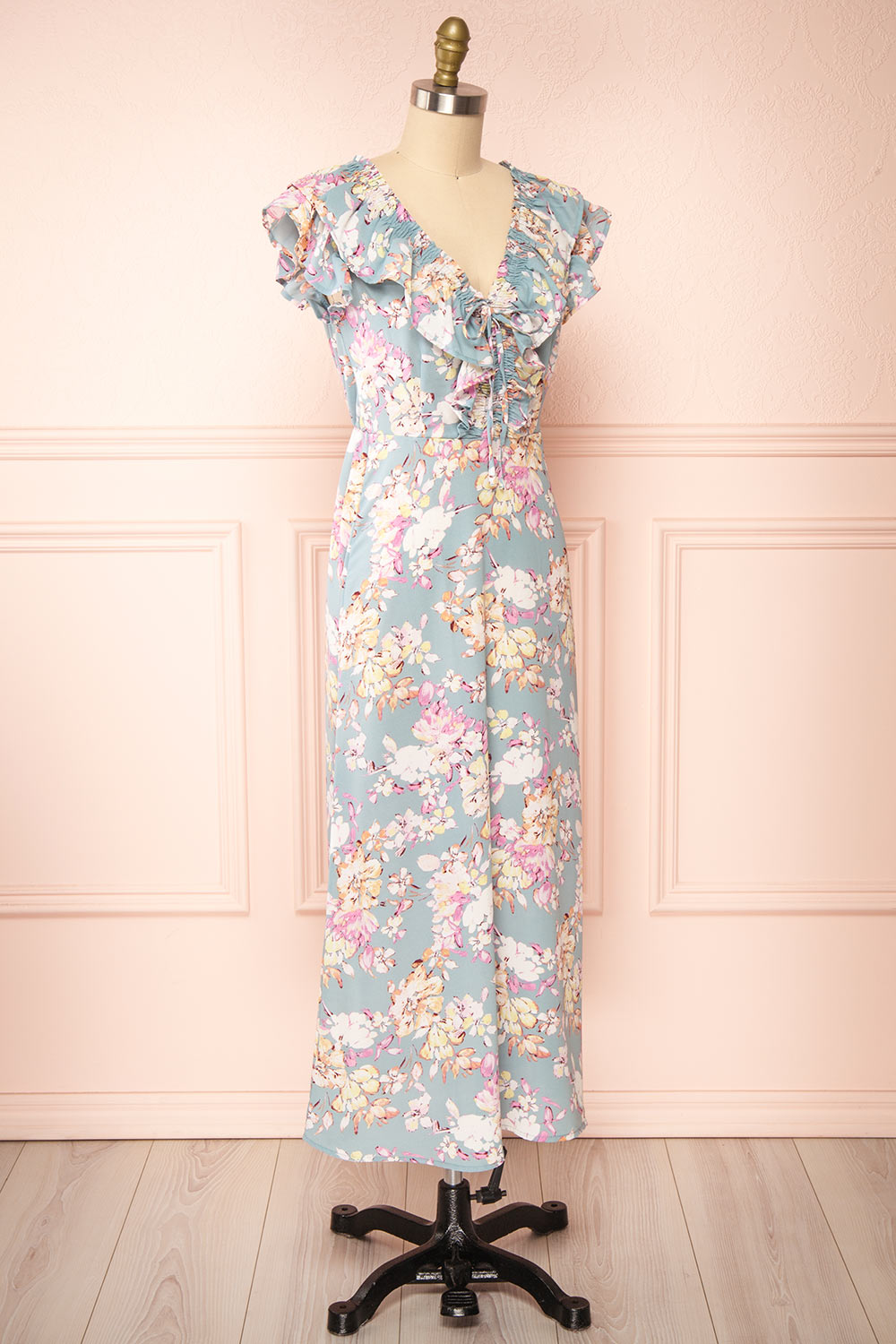 Nicole Blue Floral Midi Dress w/ Ruffles | Boutique 1861 side view