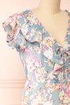 Nicole Blue Floral Midi Dress w/ Ruffles | Boutique 1861 side close-up