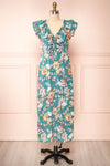 Nicole Teal Floral Midi Dress w/ Ruffles | Boutique 1861 front view