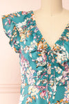 Nicole Teal Floral Midi Dress w/ Ruffles | Boutique 1861  front close-up
