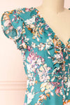 Nicole Teal Floral Midi Dress w/ Ruffles | Boutique 1861  side close-up