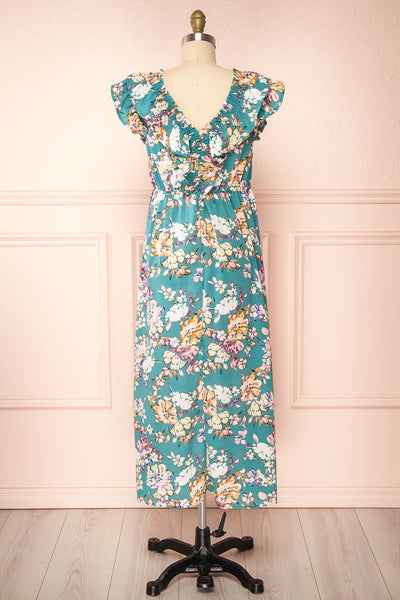 Nicole Teal Floral Midi Dress w/ Ruffles | Boutique 1861 back view