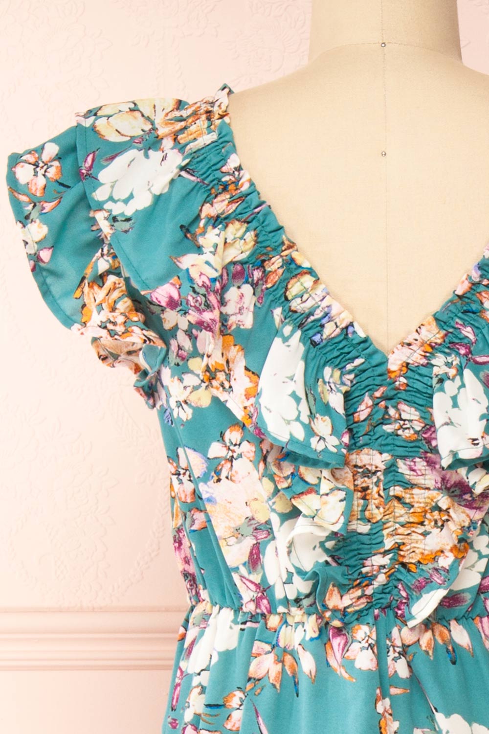 Nicole Teal Floral Midi Dress w/ Ruffles | Boutique 1861  back close-up