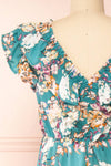 Nicole Teal Floral Midi Dress w/ Ruffles | Boutique 1861  back close-up