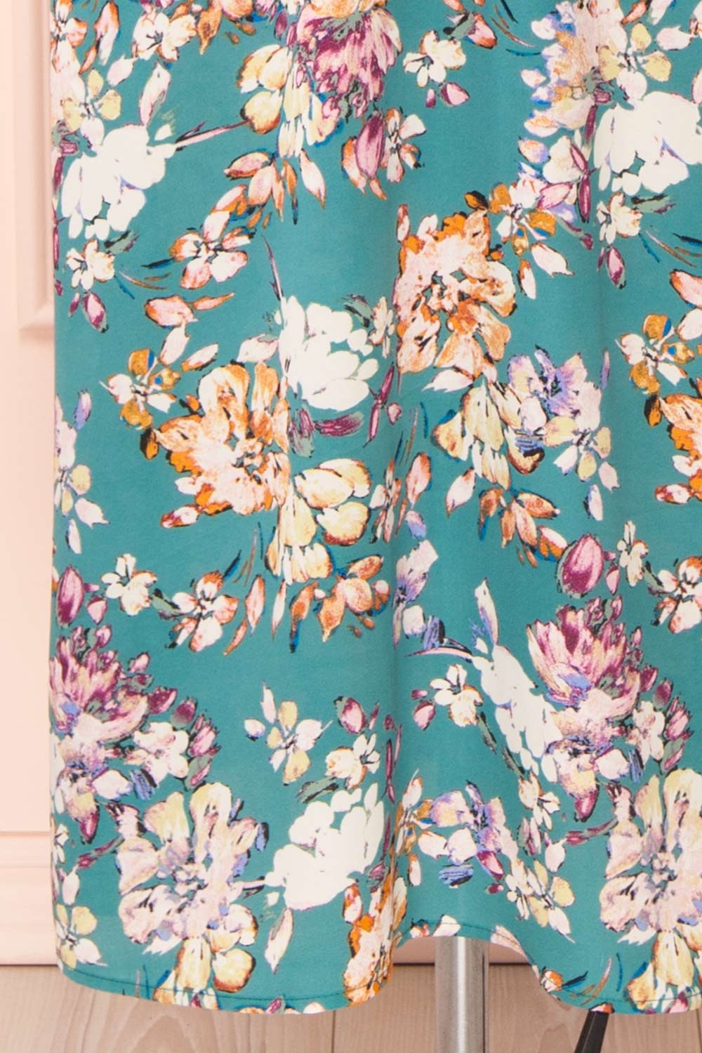 Nicole Teal Floral Midi Dress w/ Ruffles | Boutique 1861  bottom