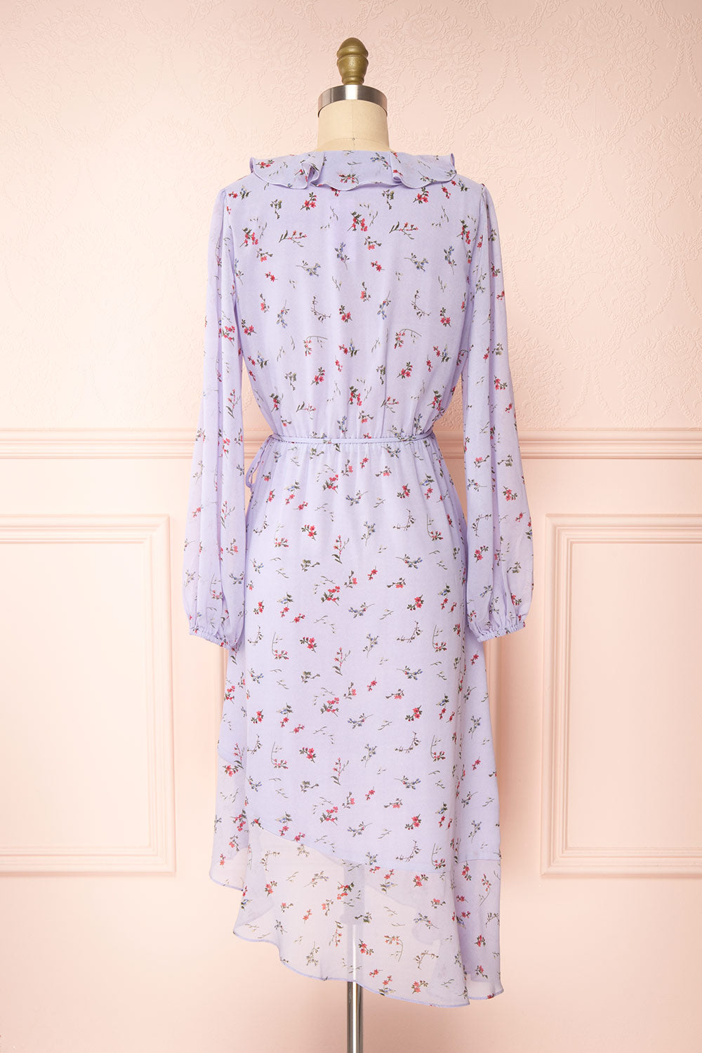 Niope Long Sleeve Floral Wrap Midi Dress w/ Ruffles | Boutique 1861 back view 