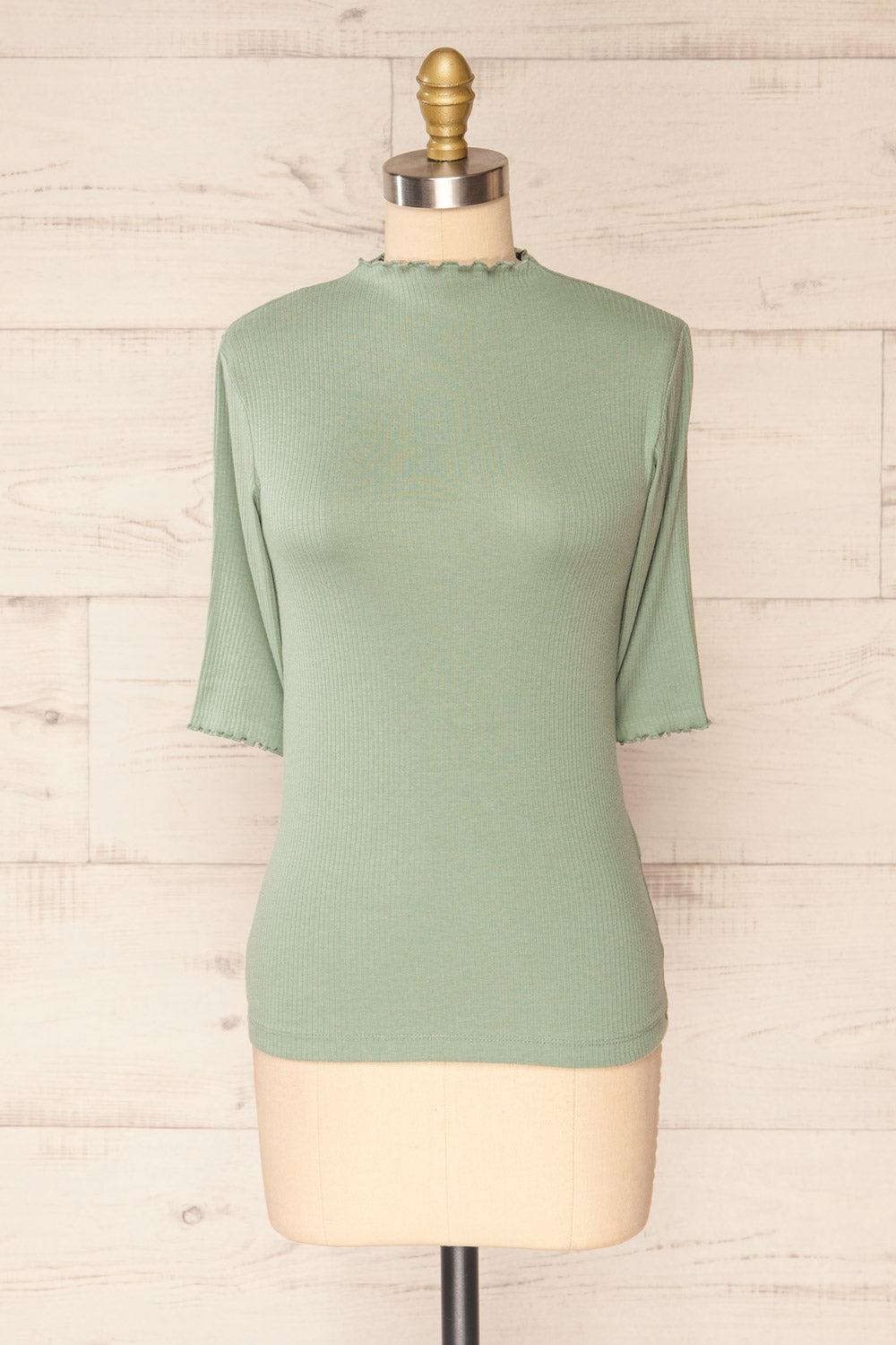 Nirvana Green Ribbed Top w/ Frills | Boutique 1861 front view