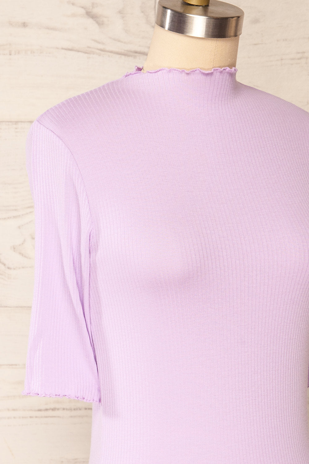 Nirvana Mauve Ribbed Top w/ Frills | Boutique 1861  side close up