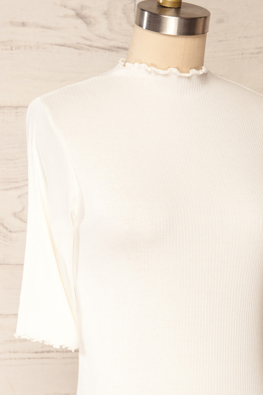 Nirvana White Ribbed Top w/ Frills | Boutique 1861 side close up