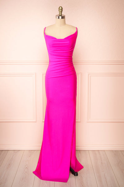 Nixie Fuchsia Backless Fitted Satin Maxi Dress | Boutique 1861 front view