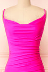 Nixie Fuchsia Backless Fitted Satin Maxi Dress | Boutique 1861 front close-up