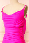 Nixie Fuchsia Backless Fitted Satin Maxi Dress | Boutique 1861 side close-up