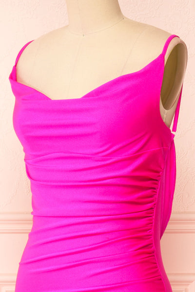 Nixie Fuchsia Backless Fitted Satin Maxi Dress | Boutique 1861 side close-up
