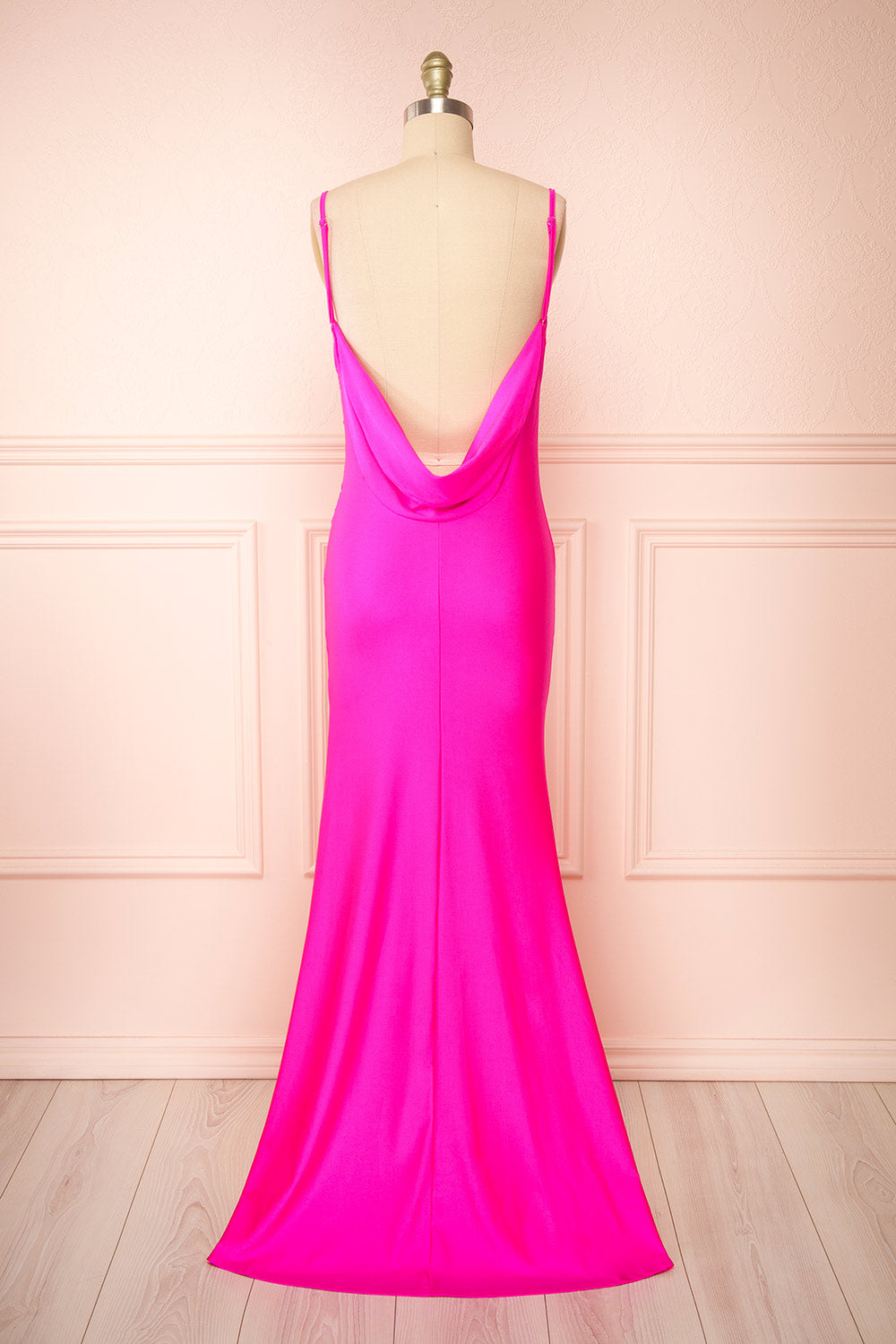 Nixie Fuchsia Backless Fitted Satin Maxi Dress | Boutique 1861 back view 