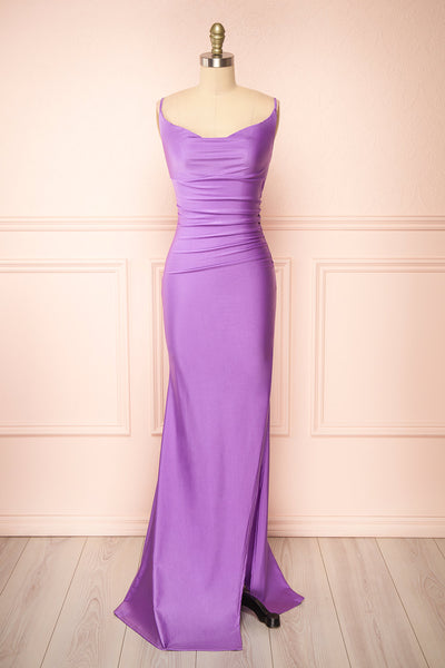 Nixie Lavender Backless Fitted Satin Maxi Dress | Boutique 1861 front view