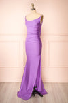 Nixie Lavender Backless Fitted Satin Maxi Dress | Boutique 1861 side view