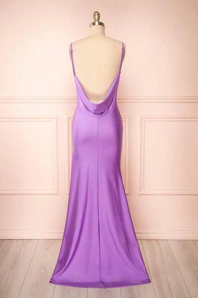 Nixie Lavender Backless Fitted Satin Maxi Dress | Boutique 1861 back view