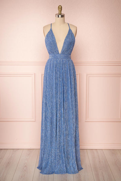 Noella Topaz Blue Mesh Gown with Plunging Neckline | Boutique 1861